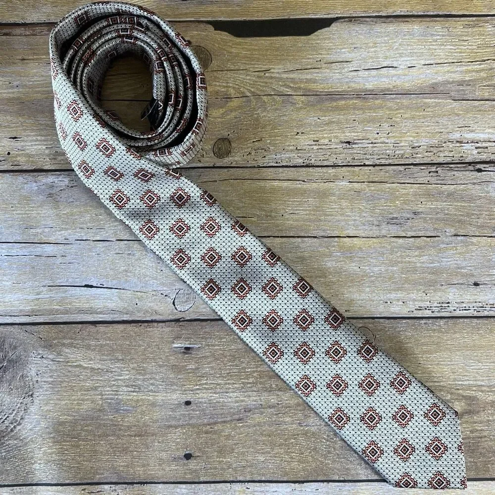 Adolfo Mens Necktie Brown‎ Tan Geometric Square Pattern Silk Blend Classic Tie